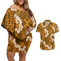 Mokihana Maile and Ilima Leis Couples Matching Off Shoulder Short Dress and Hawaiian Shirt Alani Hawaiian Tapa Quilt Pattern LT9 Gold - Polynesian Pride