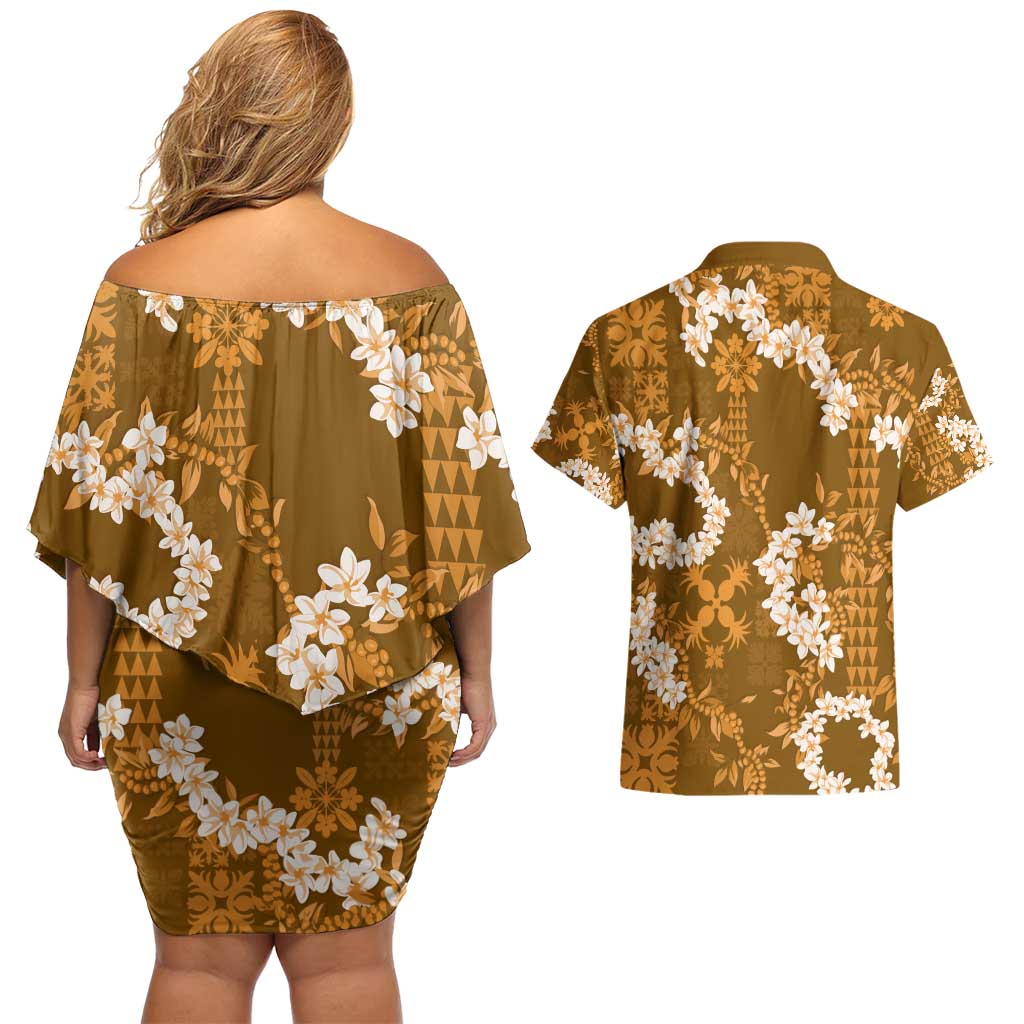 Mokihana Maile and Ilima Leis Couples Matching Off Shoulder Short Dress and Hawaiian Shirt Alani Hawaiian Tapa Quilt Pattern LT9 - Polynesian Pride