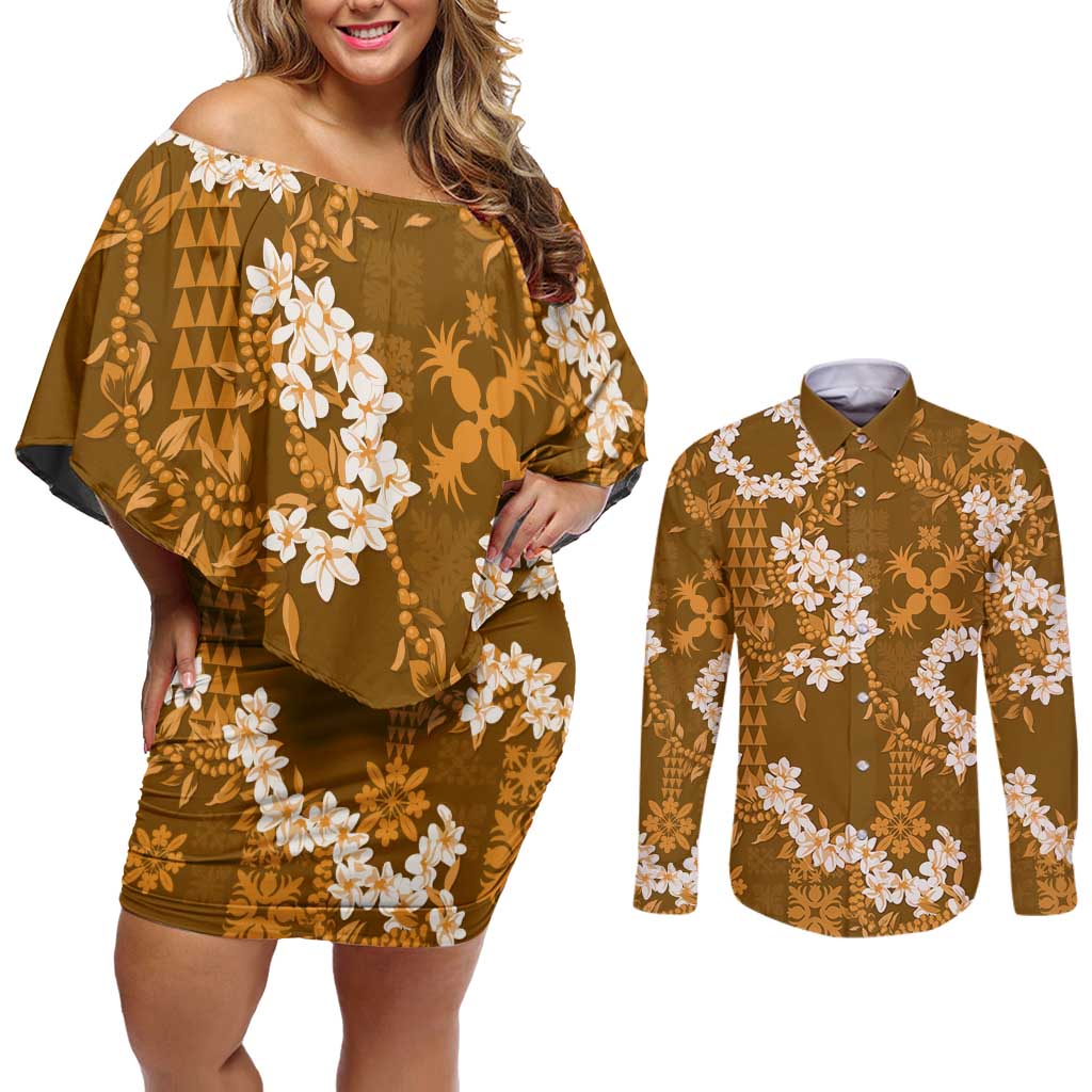 Mokihana Maile and Ilima Leis Couples Matching Off Shoulder Short Dress and Long Sleeve Button Shirt Alani Hawaiian Tapa Quilt Pattern LT9 Gold - Polynesian Pride
