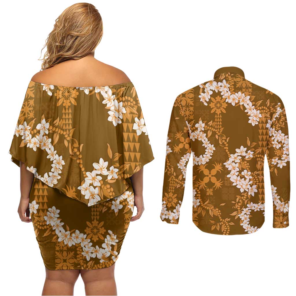 Mokihana Maile and Ilima Leis Couples Matching Off Shoulder Short Dress and Long Sleeve Button Shirt Alani Hawaiian Tapa Quilt Pattern LT9 - Polynesian Pride