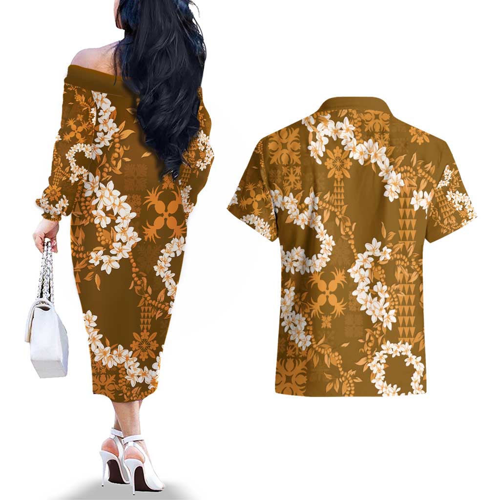 Mokihana Maile and Ilima Leis Couples Matching Off The Shoulder Long Sleeve Dress and Hawaiian Shirt Alani Hawaiian Tapa Quilt Pattern LT9 - Polynesian Pride
