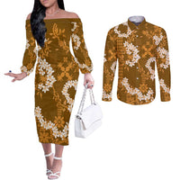 Mokihana Maile and Ilima Leis Couples Matching Off The Shoulder Long Sleeve Dress and Long Sleeve Button Shirt Alani Hawaiian Tapa Quilt Pattern LT9 Gold - Polynesian Pride