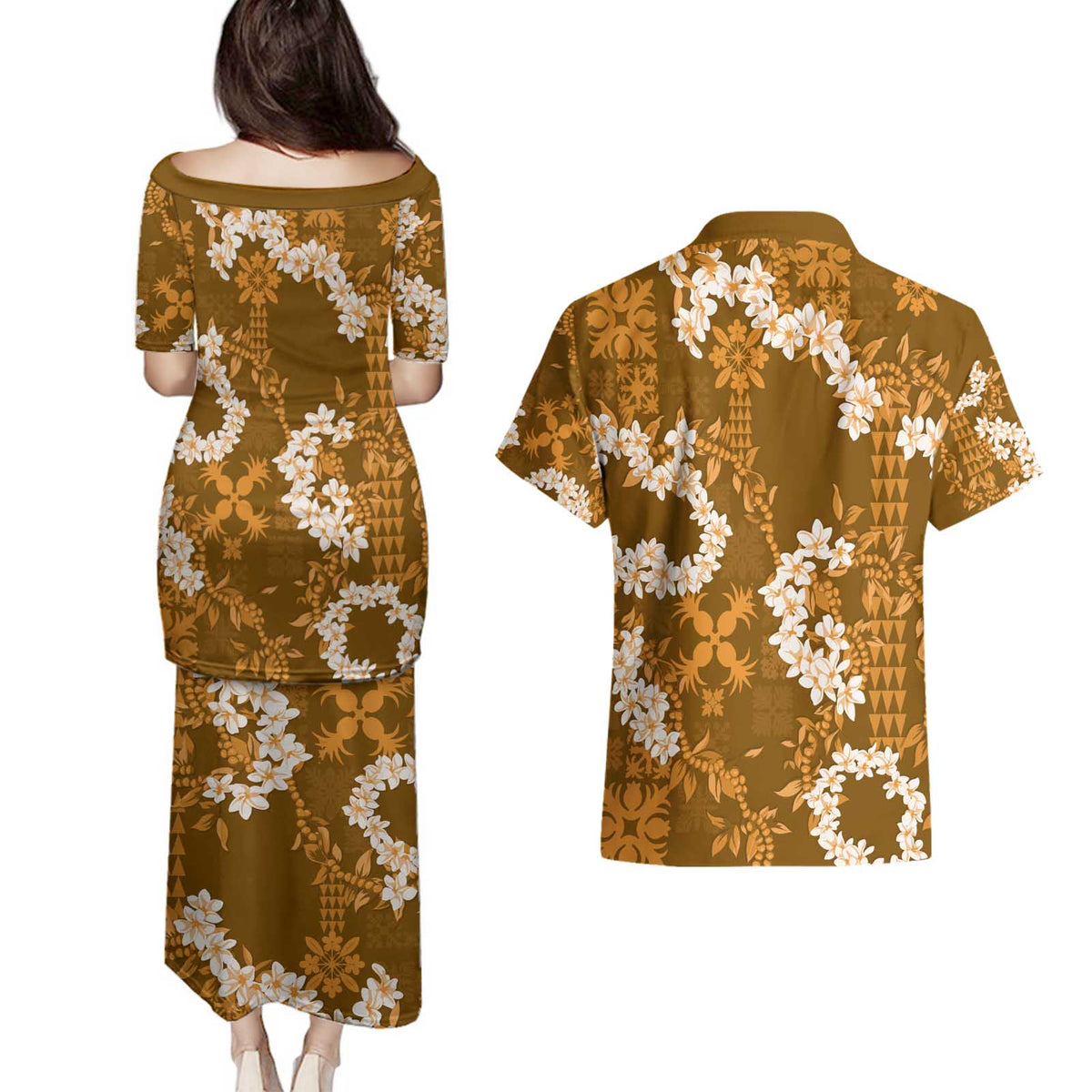 Mokihana Maile and Ilima Leis Couples Matching Puletasi and Hawaiian Shirt Alani Hawaiian Tapa Quilt Pattern LT9 - Polynesian Pride