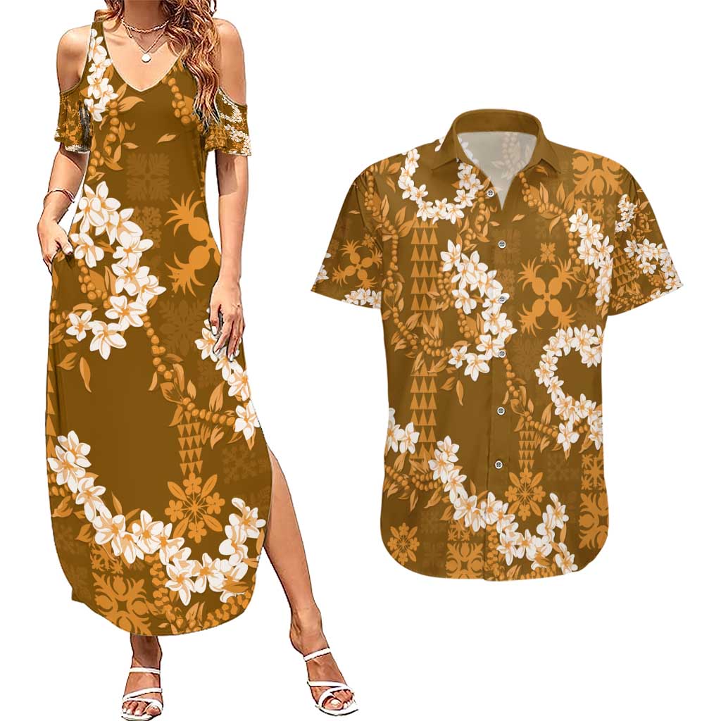 Mokihana Maile and Ilima Leis Couples Matching Summer Maxi Dress and Hawaiian Shirt Alani Hawaiian Tapa Quilt Pattern LT9 Gold - Polynesian Pride