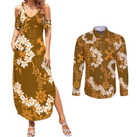 Mokihana Maile and Ilima Leis Couples Matching Summer Maxi Dress and Long Sleeve Button Shirt Alani Hawaiian Tapa Quilt Pattern LT9 Gold - Polynesian Pride