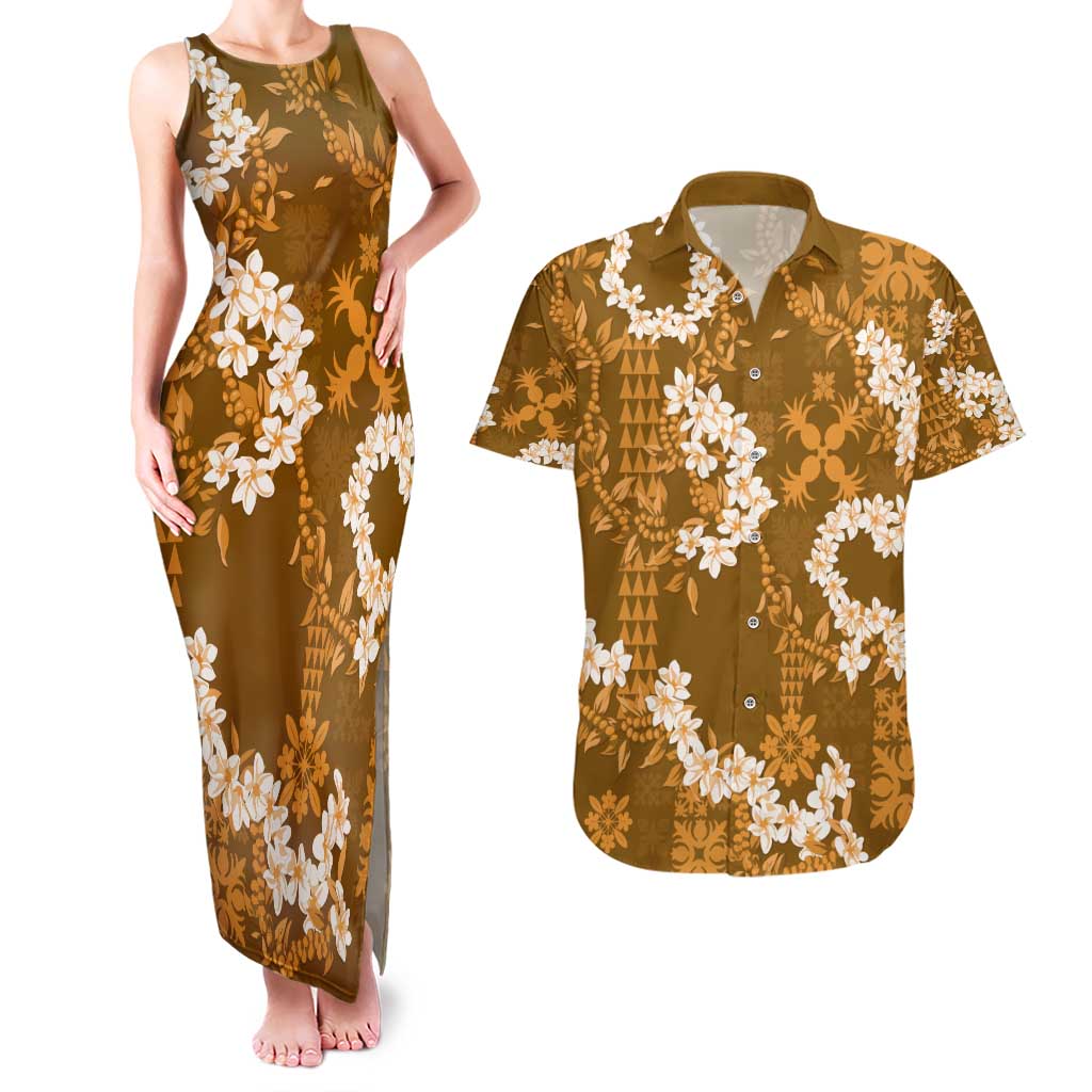 Mokihana Maile and Ilima Leis Couples Matching Tank Maxi Dress and Hawaiian Shirt Alani Hawaiian Tapa Quilt Pattern LT9 Gold - Polynesian Pride