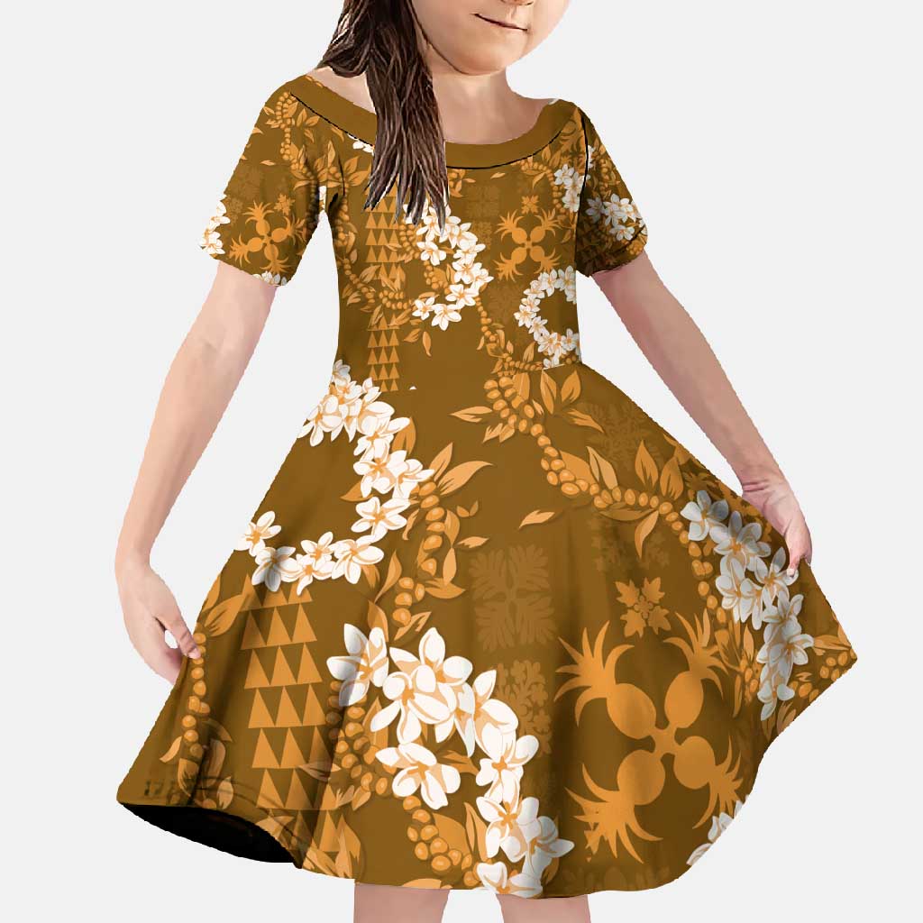 Mokihana Maile and Ilima Leis Family Matching Long Sleeve Bodycon Dress and Hawaiian Shirt Alani Hawaiian Tapa Quilt Pattern LT9 Daughter's Dress Gold - Polynesian Pride