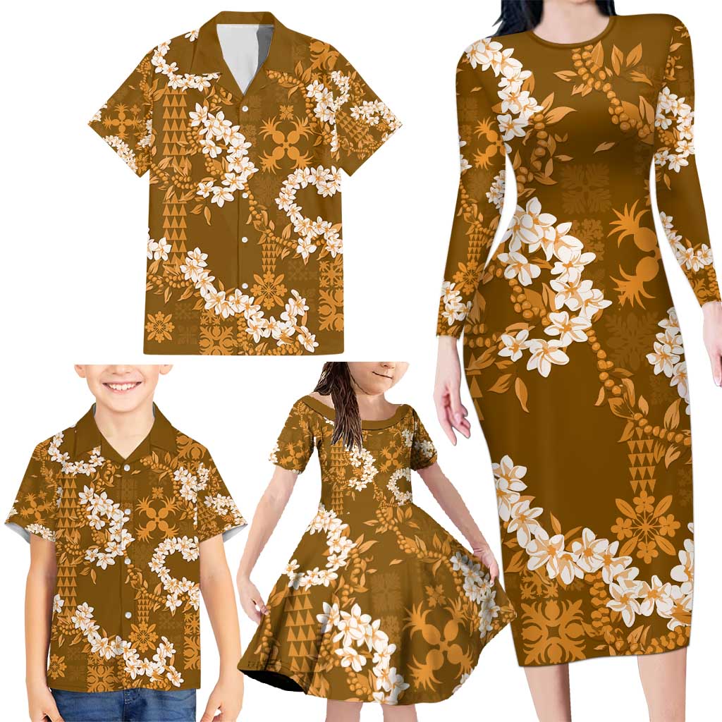 Mokihana Maile and Ilima Leis Family Matching Long Sleeve Bodycon Dress and Hawaiian Shirt Alani Hawaiian Tapa Quilt Pattern LT9 - Polynesian Pride