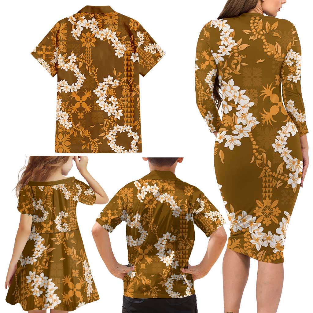 Mokihana Maile and Ilima Leis Family Matching Long Sleeve Bodycon Dress and Hawaiian Shirt Alani Hawaiian Tapa Quilt Pattern LT9 - Polynesian Pride