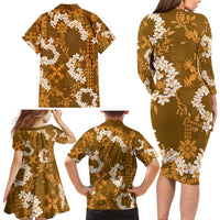 Mokihana Maile and Ilima Leis Family Matching Long Sleeve Bodycon Dress and Hawaiian Shirt Alani Hawaiian Tapa Quilt Pattern LT9 - Polynesian Pride