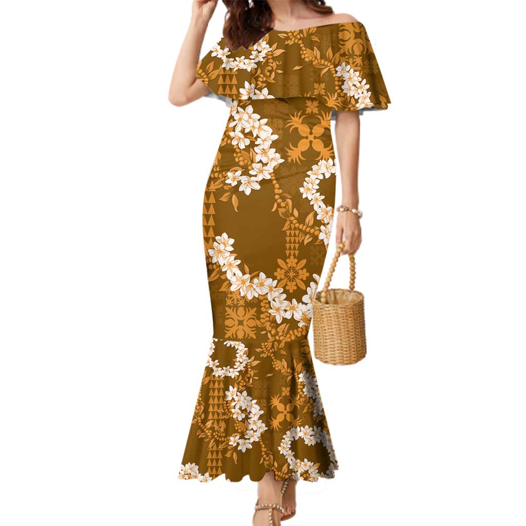 Mokihana Maile and Ilima Leis Family Matching Mermaid Dress and Hawaiian Shirt Alani Hawaiian Tapa Quilt Pattern LT9 Mom's Dress Gold - Polynesian Pride