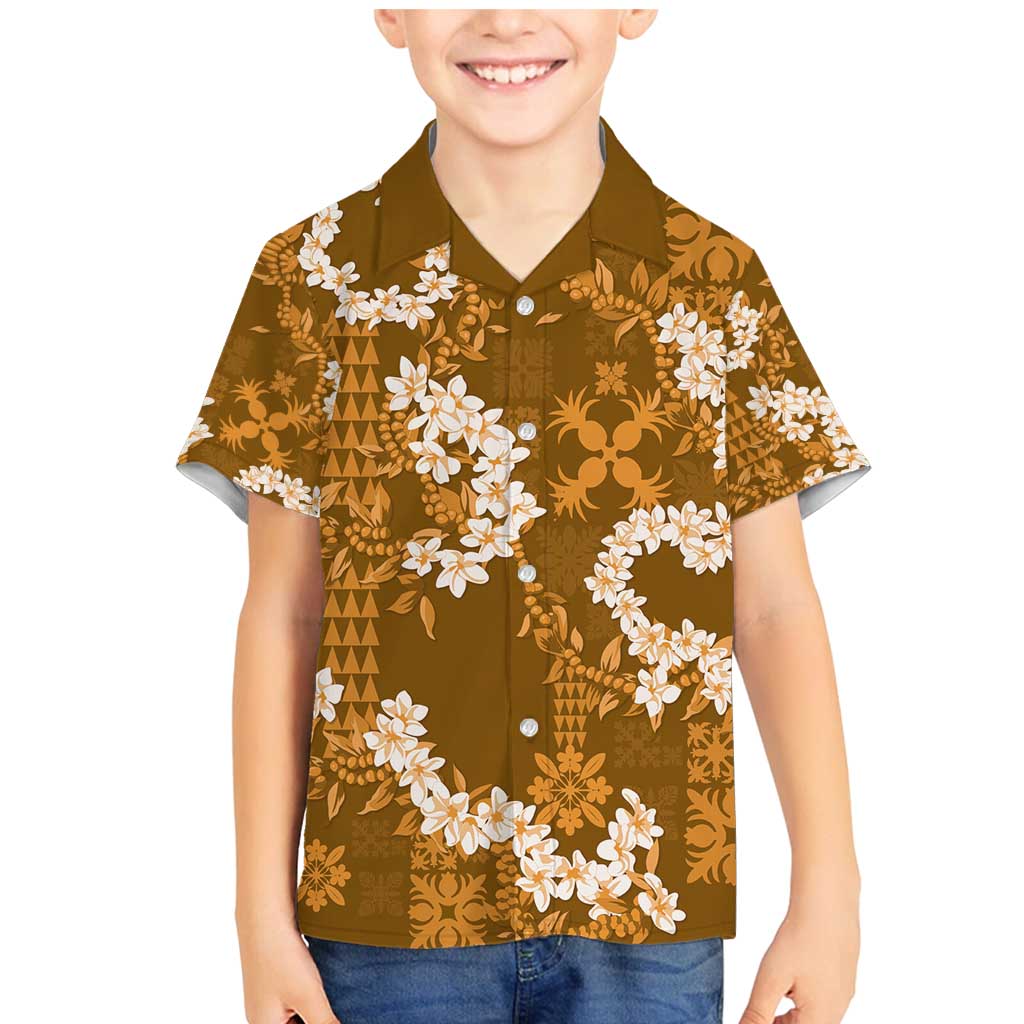 Mokihana Maile and Ilima Leis Family Matching Mermaid Dress and Hawaiian Shirt Alani Hawaiian Tapa Quilt Pattern LT9 Son's Shirt Gold - Polynesian Pride