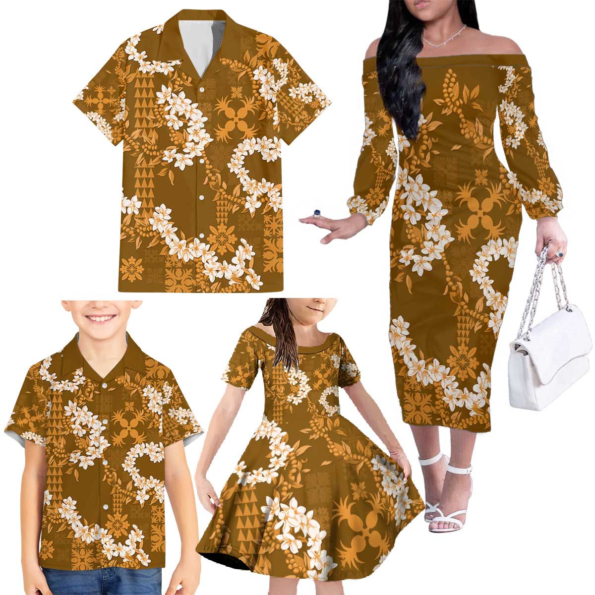 Mokihana Maile and Ilima Leis Family Matching Off The Shoulder Long Sleeve Dress and Hawaiian Shirt Alani Hawaiian Tapa Quilt Pattern LT9 - Polynesian Pride