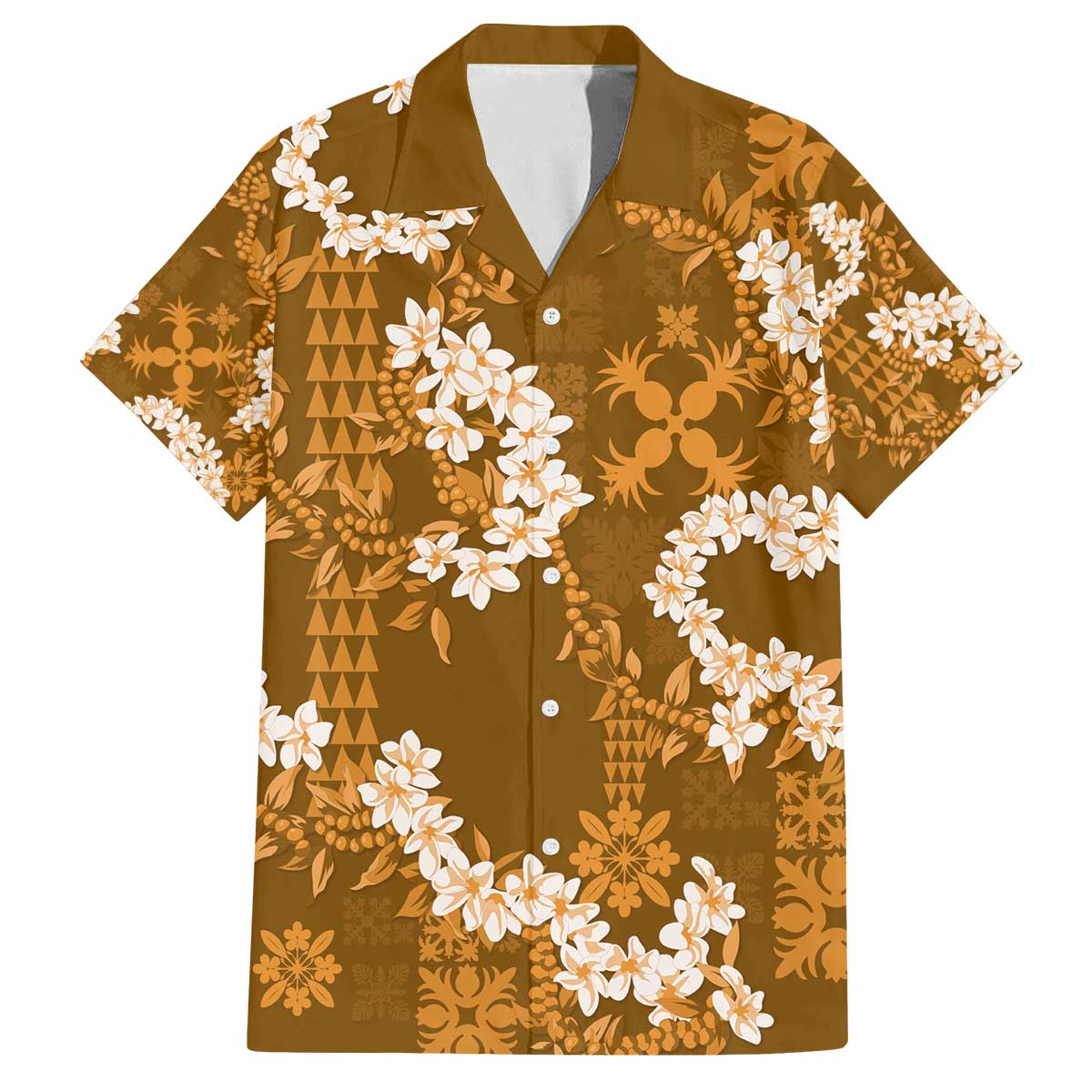 Mokihana Maile and Ilima Leis Family Matching Off The Shoulder Long Sleeve Dress and Hawaiian Shirt Alani Hawaiian Tapa Quilt Pattern LT9 Dad's Shirt - Short Sleeve Gold - Polynesian Pride
