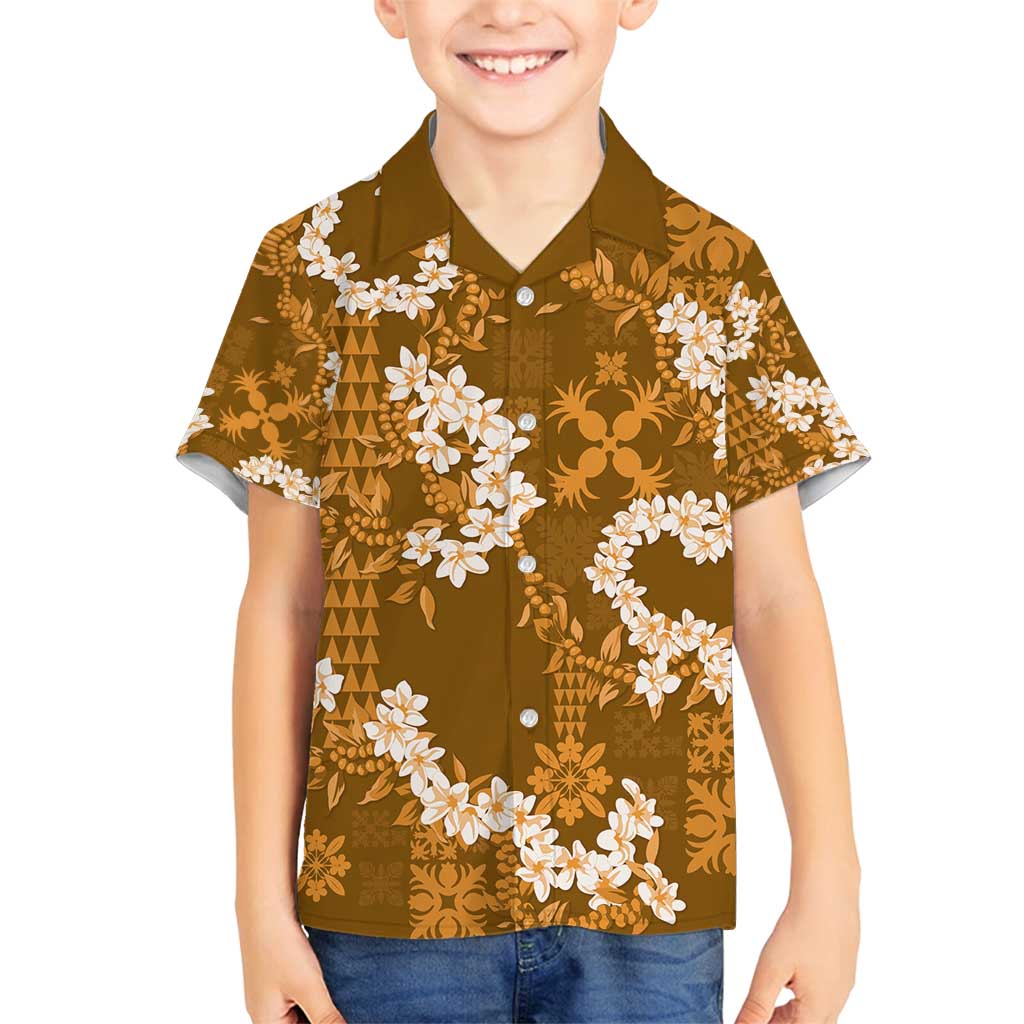 Mokihana Maile and Ilima Leis Family Matching Off Shoulder Maxi Dress and Hawaiian Shirt Alani Hawaiian Tapa Quilt Pattern LT9 Son's Shirt Gold - Polynesian Pride