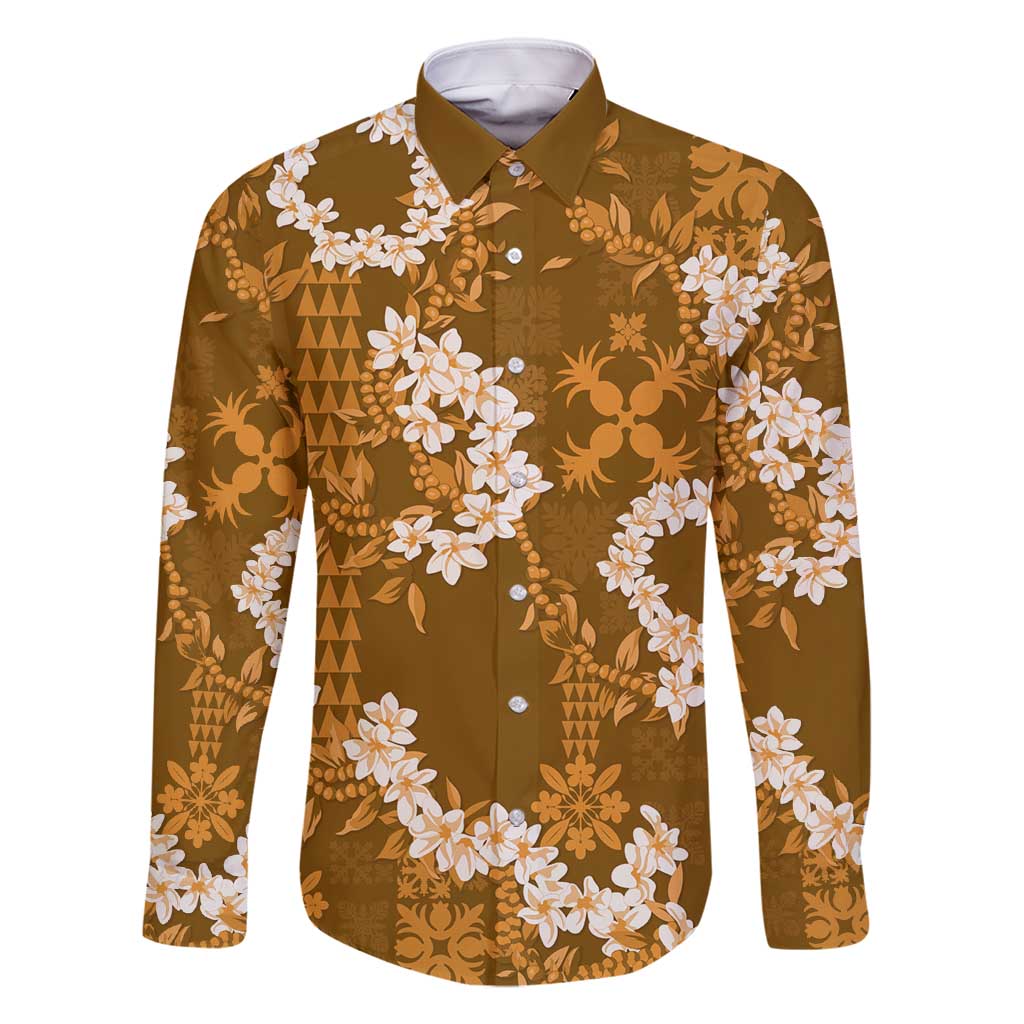 Mokihana Maile and Ilima Leis Family Matching Off Shoulder Short Dress and Hawaiian Shirt Alani Hawaiian Tapa Quilt Pattern LT9 Dad's Shirt - Long Sleeve Gold - Polynesian Pride