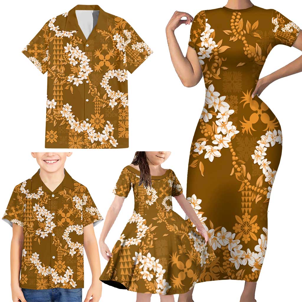 Mokihana Maile and Ilima Leis Family Matching Short Sleeve Bodycon Dress and Hawaiian Shirt Alani Hawaiian Tapa Quilt Pattern LT9 - Polynesian Pride