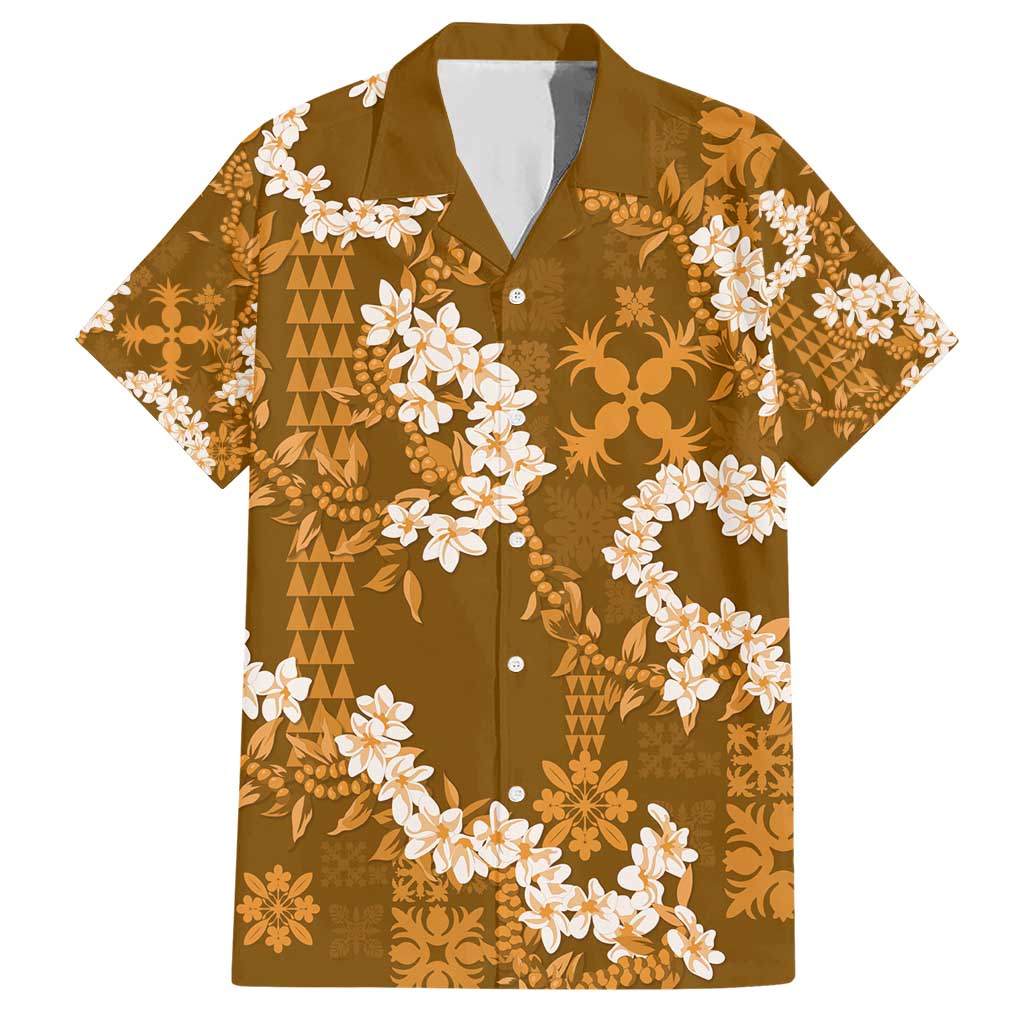 Mokihana Maile and Ilima Leis Family Matching Short Sleeve Bodycon Dress and Hawaiian Shirt Alani Hawaiian Tapa Quilt Pattern LT9 Dad's Shirt - Short Sleeve Gold - Polynesian Pride