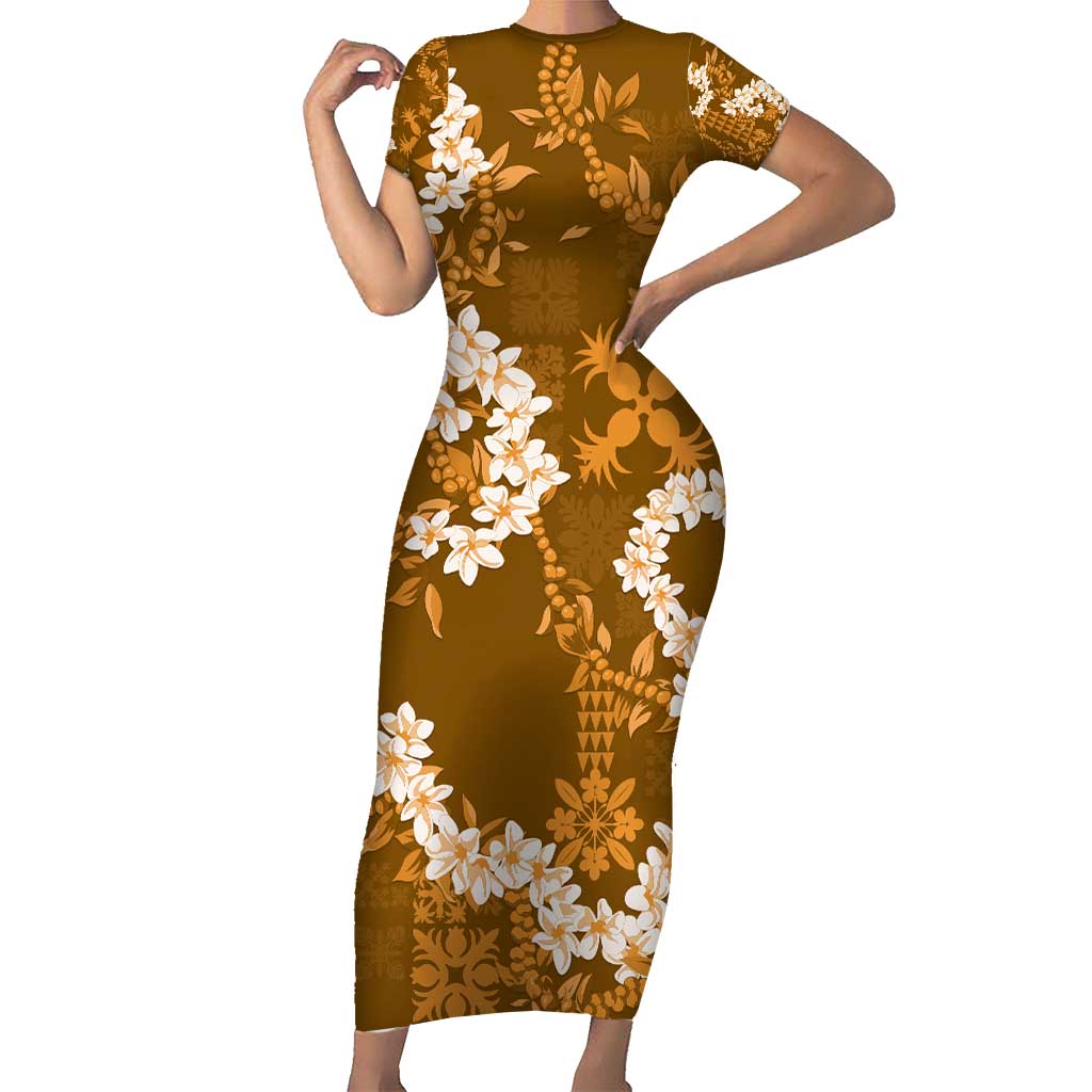 Mokihana Maile and Ilima Leis Family Matching Short Sleeve Bodycon Dress and Hawaiian Shirt Alani Hawaiian Tapa Quilt Pattern LT9 Mom's Dress Gold - Polynesian Pride