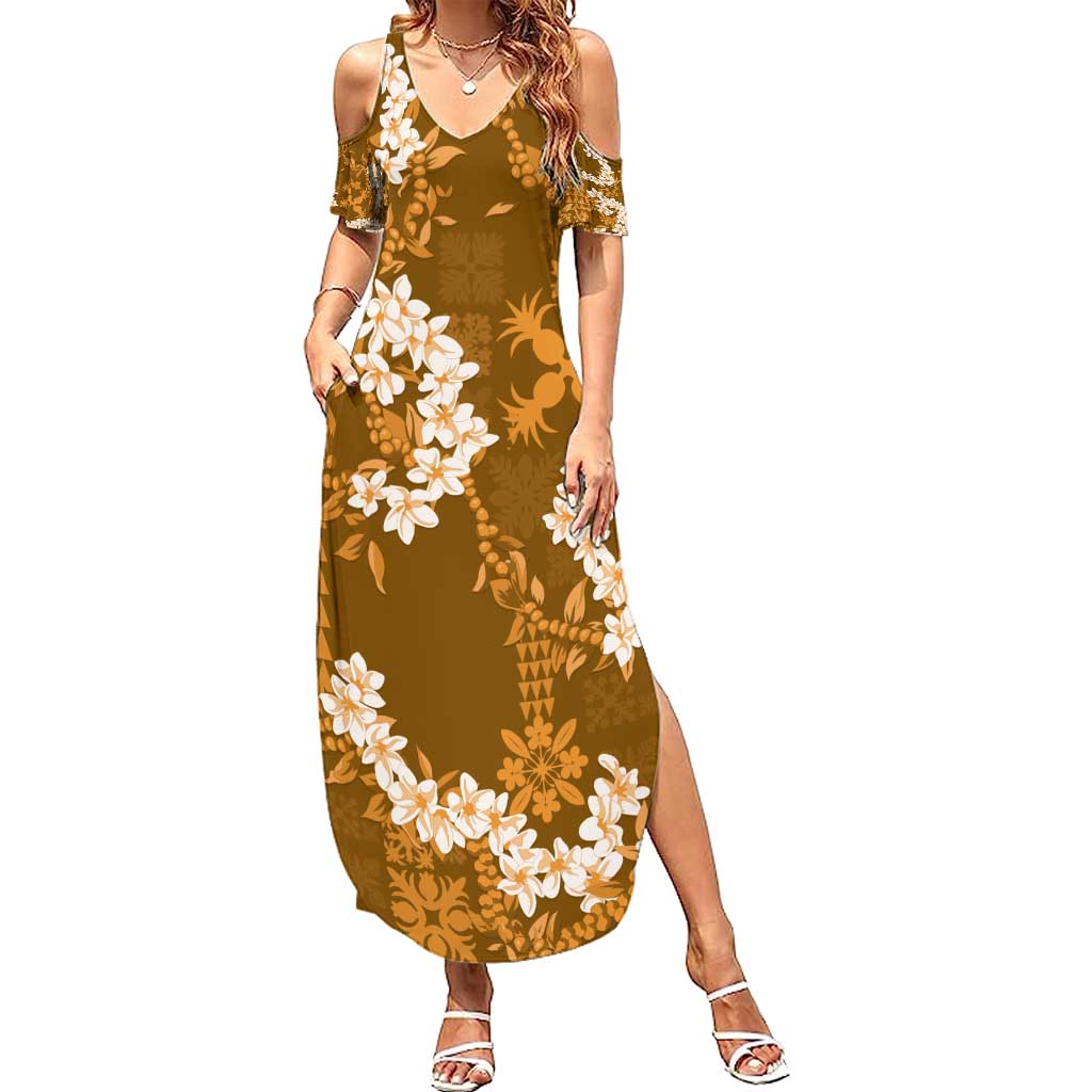 Mokihana Maile and Ilima Leis Family Matching Summer Maxi Dress and Hawaiian Shirt Alani Hawaiian Tapa Quilt Pattern LT9 Mom's Dress Gold - Polynesian Pride