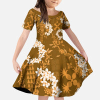 Mokihana Maile and Ilima Leis Kid Short Sleeve Dress Alani Hawaiian Tapa Quilt Pattern - Polynesian Pride