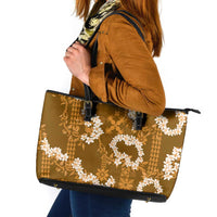 Mokihana Maile and Ilima Leis Leather Tote Bag Alani Hawaiian Tapa Quilt Pattern - Polynesian Pride