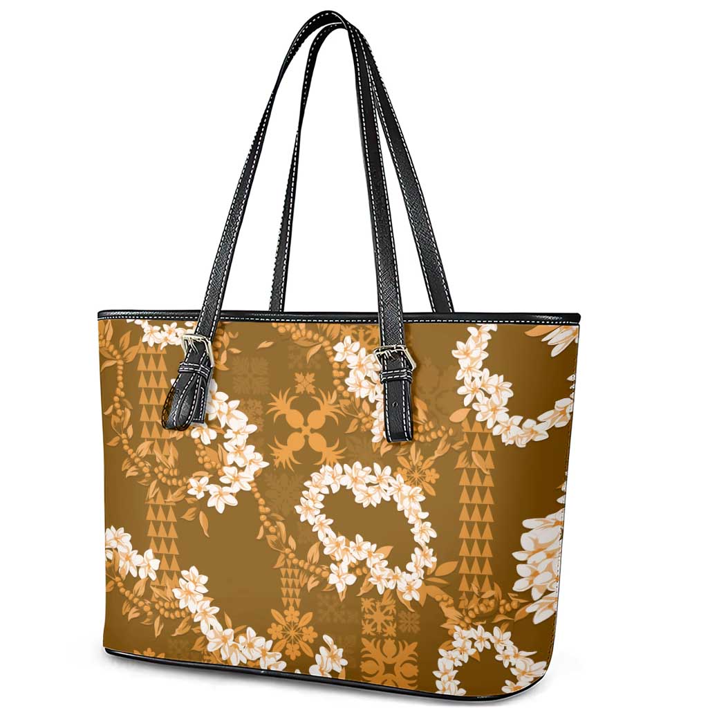 Mokihana Maile and Ilima Leis Leather Tote Bag Alani Hawaiian Tapa Quilt Pattern - Polynesian Pride
