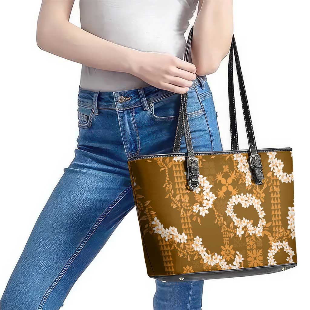 Mokihana Maile and Ilima Leis Leather Tote Bag Alani Hawaiian Tapa Quilt Pattern - Polynesian Pride