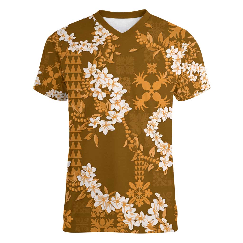 Mokihana Maile and Ilima Leis Women V-Neck T-Shirt Alani Hawaiian Tapa Quilt Pattern - Polynesian Pride