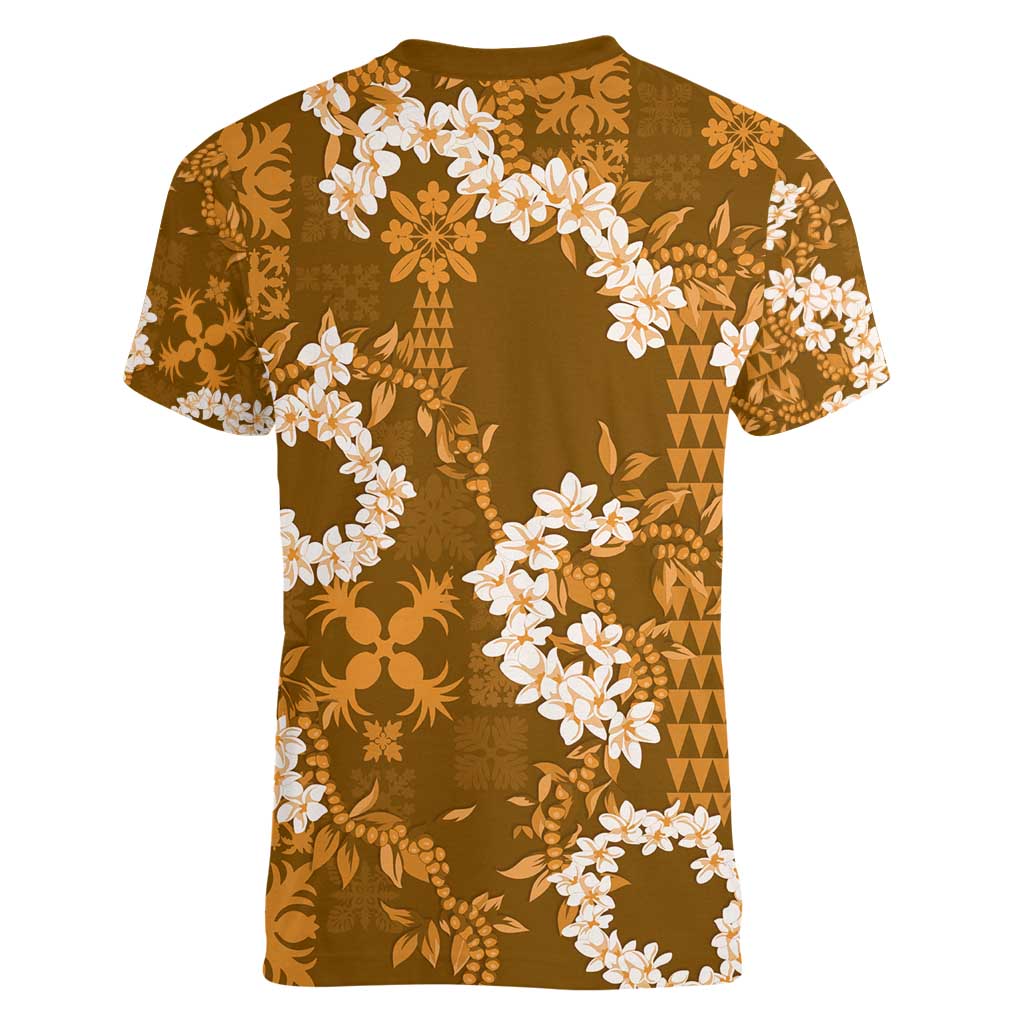 Mokihana Maile and Ilima Leis Women V-Neck T-Shirt Alani Hawaiian Tapa Quilt Pattern LT9 - Polynesian Pride