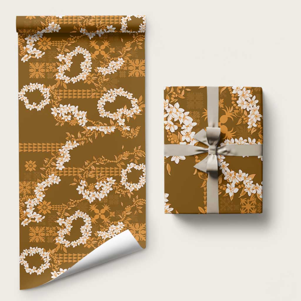 Mokihana Maile and Ilima Leis Wrapping Paper Alani Hawaiian Tapa Quilt Pattern LT9 58" × 23" Gold - Polynesian Pride