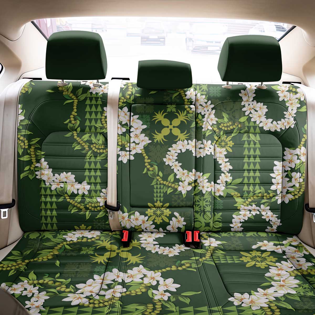 Mokihana Maile and Ilima Leis Back Car Seat Cover Omaʻomaʻo Hawaiian Tapa Quilt Pattern - Polynesian Pride