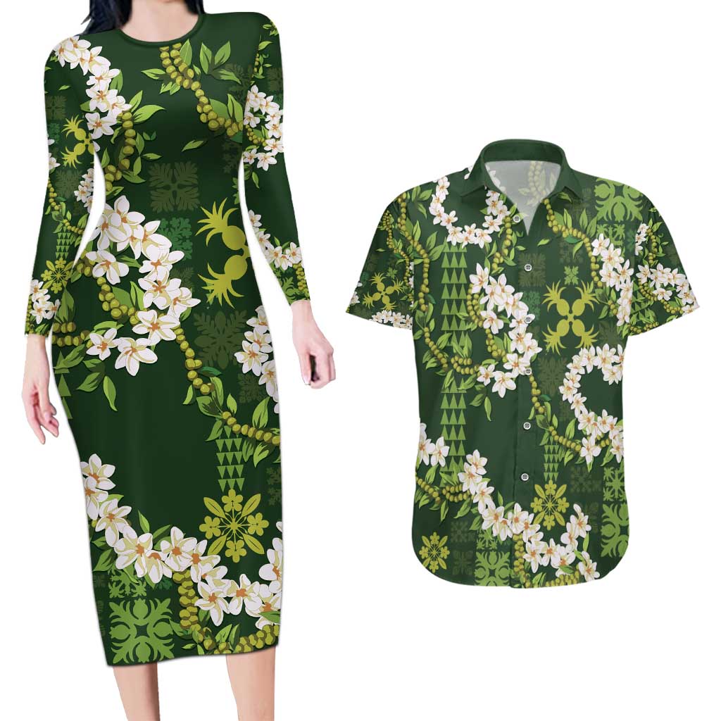 Mokihana Maile and Ilima Leis Couples Matching Long Sleeve Bodycon Dress and Hawaiian Shirt Omaʻomaʻo Hawaiian Tapa Quilt Pattern LT9 Green - Polynesian Pride