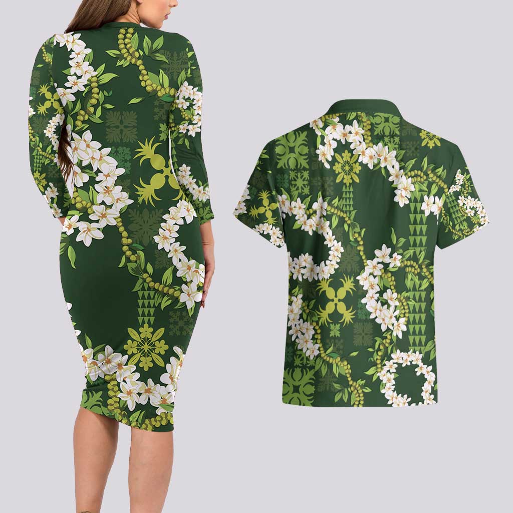 Mokihana Maile and Ilima Leis Couples Matching Long Sleeve Bodycon Dress and Hawaiian Shirt Omaʻomaʻo Hawaiian Tapa Quilt Pattern LT9 - Polynesian Pride