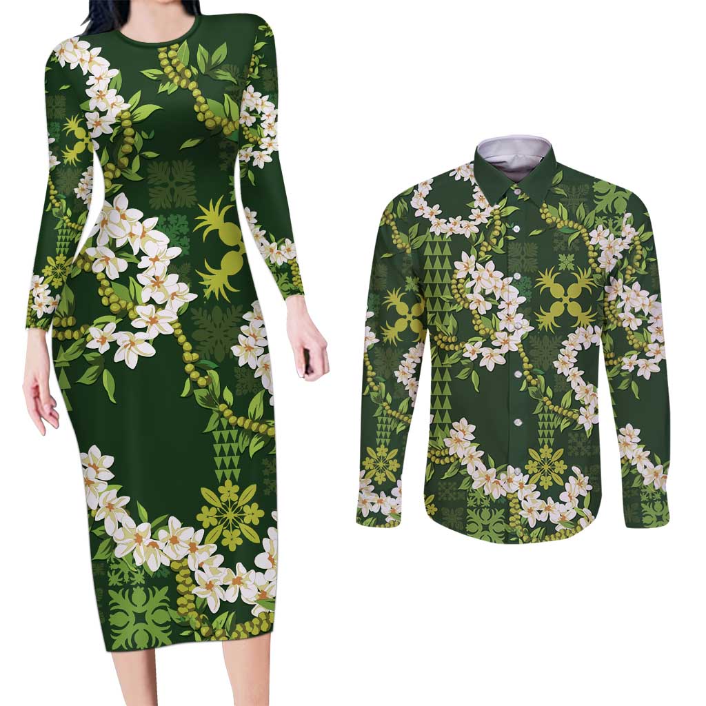 Mokihana Maile and Ilima Leis Couples Matching Long Sleeve Bodycon Dress and Long Sleeve Button Shirt Omaʻomaʻo Hawaiian Tapa Quilt Pattern LT9 Green - Polynesian Pride