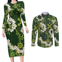 Mokihana Maile and Ilima Leis Couples Matching Long Sleeve Bodycon Dress and Long Sleeve Button Shirt Omaʻomaʻo Hawaiian Tapa Quilt Pattern LT9 Green - Polynesian Pride