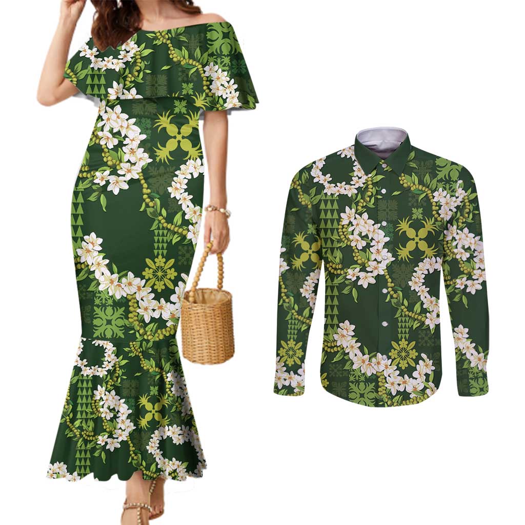 Mokihana Maile and Ilima Leis Couples Matching Mermaid Dress and Long Sleeve Button Shirt Omaʻomaʻo Hawaiian Tapa Quilt Pattern LT9 Green - Polynesian Pride