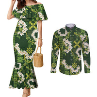 Mokihana Maile and Ilima Leis Couples Matching Mermaid Dress and Long Sleeve Button Shirt Omaʻomaʻo Hawaiian Tapa Quilt Pattern LT9 Green - Polynesian Pride