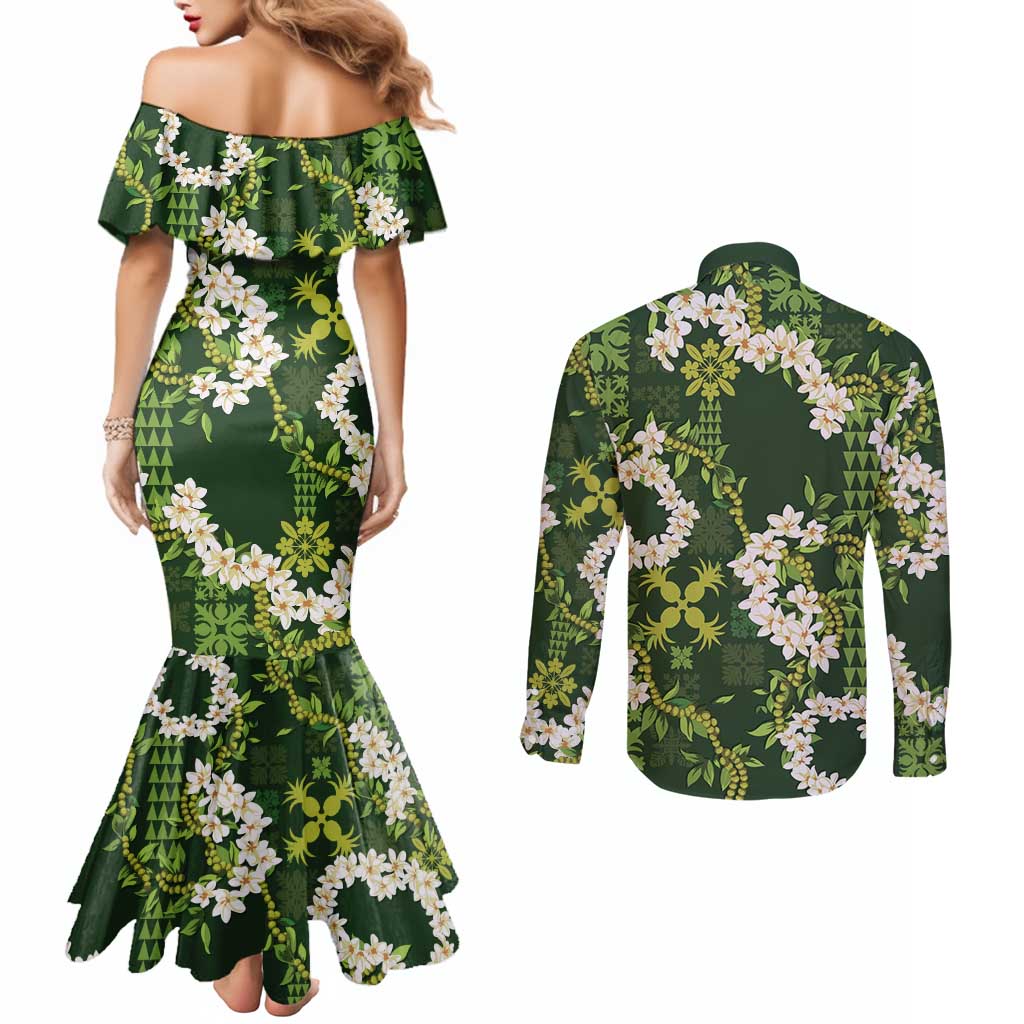 Mokihana Maile and Ilima Leis Couples Matching Mermaid Dress and Long Sleeve Button Shirt Omaʻomaʻo Hawaiian Tapa Quilt Pattern LT9 - Polynesian Pride