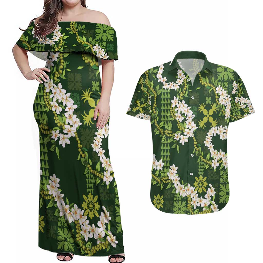 Mokihana Maile and Ilima Leis Couples Matching Off Shoulder Maxi Dress and Hawaiian Shirt Omaʻomaʻo Hawaiian Tapa Quilt Pattern LT9 Green - Polynesian Pride