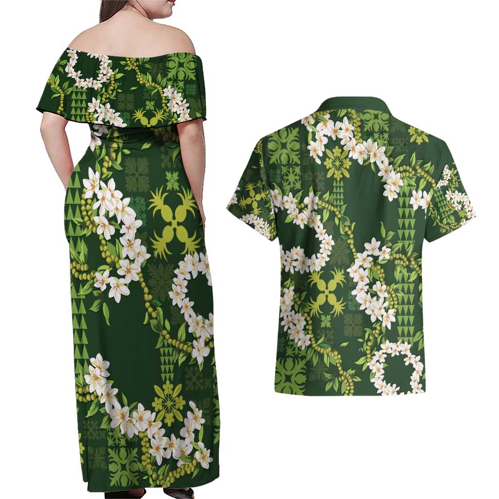 Mokihana Maile and Ilima Leis Couples Matching Off Shoulder Maxi Dress and Hawaiian Shirt Omaʻomaʻo Hawaiian Tapa Quilt Pattern LT9 - Polynesian Pride