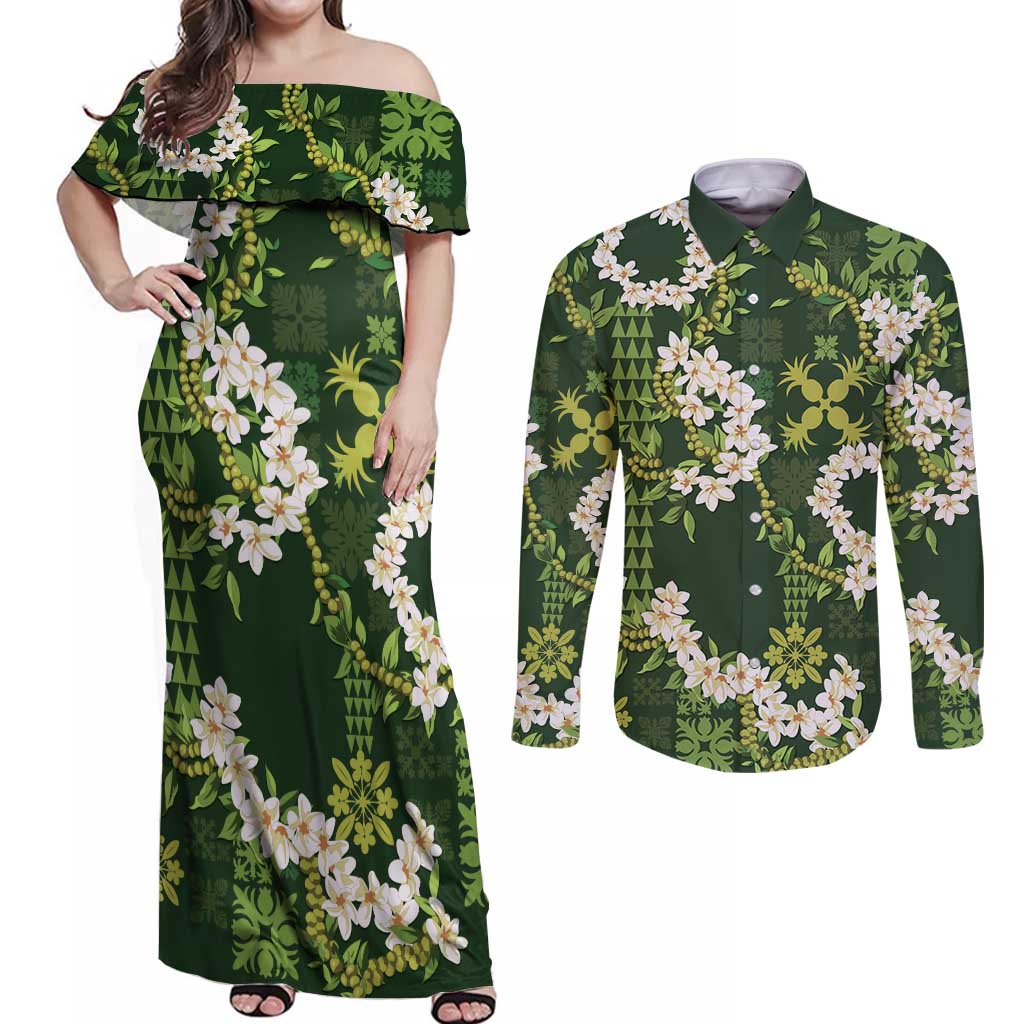Mokihana Maile and Ilima Leis Couples Matching Off Shoulder Maxi Dress and Long Sleeve Button Shirt Omaʻomaʻo Hawaiian Tapa Quilt Pattern LT9 Green - Polynesian Pride