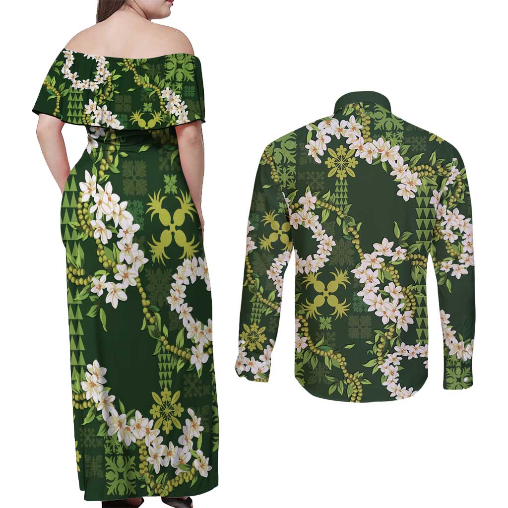 Mokihana Maile and Ilima Leis Couples Matching Off Shoulder Maxi Dress and Long Sleeve Button Shirt Omaʻomaʻo Hawaiian Tapa Quilt Pattern LT9 - Polynesian Pride
