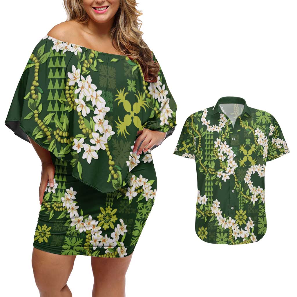 Mokihana Maile and Ilima Leis Couples Matching Off Shoulder Short Dress and Hawaiian Shirt Omaʻomaʻo Hawaiian Tapa Quilt Pattern LT9 Green - Polynesian Pride