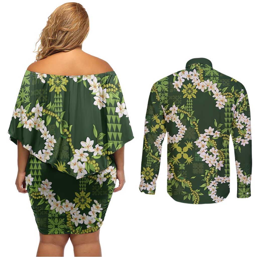 Mokihana Maile and Ilima Leis Couples Matching Off Shoulder Short Dress and Long Sleeve Button Shirt Omaʻomaʻo Hawaiian Tapa Quilt Pattern LT9 - Polynesian Pride