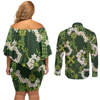 Mokihana Maile and Ilima Leis Couples Matching Off Shoulder Short Dress and Long Sleeve Button Shirt Omaʻomaʻo Hawaiian Tapa Quilt Pattern LT9 - Polynesian Pride