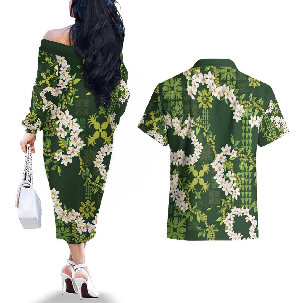 Mokihana Maile and Ilima Leis Couples Matching Off The Shoulder Long Sleeve Dress and Hawaiian Shirt Omaʻomaʻo Hawaiian Tapa Quilt Pattern LT9 - Polynesian Pride