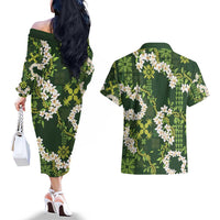 Mokihana Maile and Ilima Leis Couples Matching Off The Shoulder Long Sleeve Dress and Hawaiian Shirt Omaʻomaʻo Hawaiian Tapa Quilt Pattern LT9 - Polynesian Pride