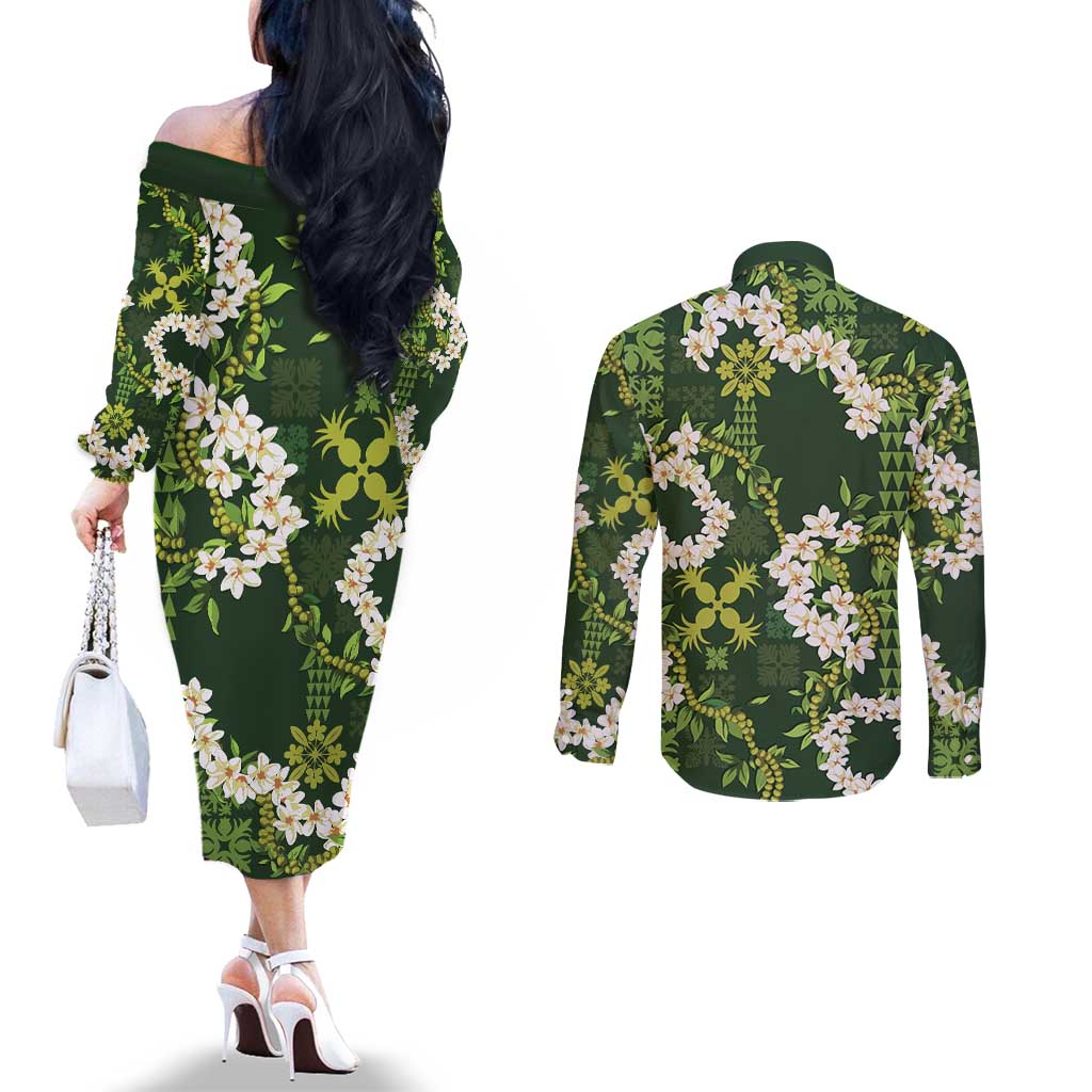 Mokihana Maile and Ilima Leis Couples Matching Off The Shoulder Long Sleeve Dress and Long Sleeve Button Shirt Omaʻomaʻo Hawaiian Tapa Quilt Pattern LT9 - Polynesian Pride