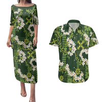 Mokihana Maile and Ilima Leis Couples Matching Puletasi and Hawaiian Shirt Omaʻomaʻo Hawaiian Tapa Quilt Pattern LT9 Green - Polynesian Pride